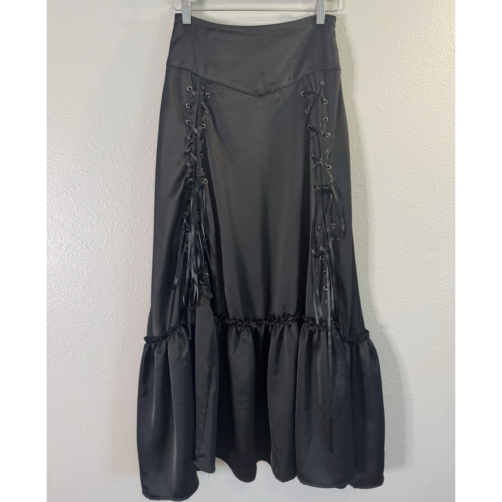 Belle Poque Black Satin Maxi Skirt S Lace Up Corset Witchy Gothic Renaissance